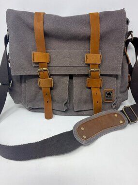 Sechunk Vintage Military Leather & Canvas Messenger Satchel Brown/Sand Small